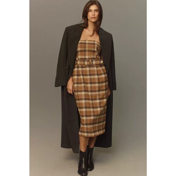 NWT Anthropologie Strapless Belted Midi Dress $178 SIZE 6 Brown PLAID Wool - Picture 1 of 5